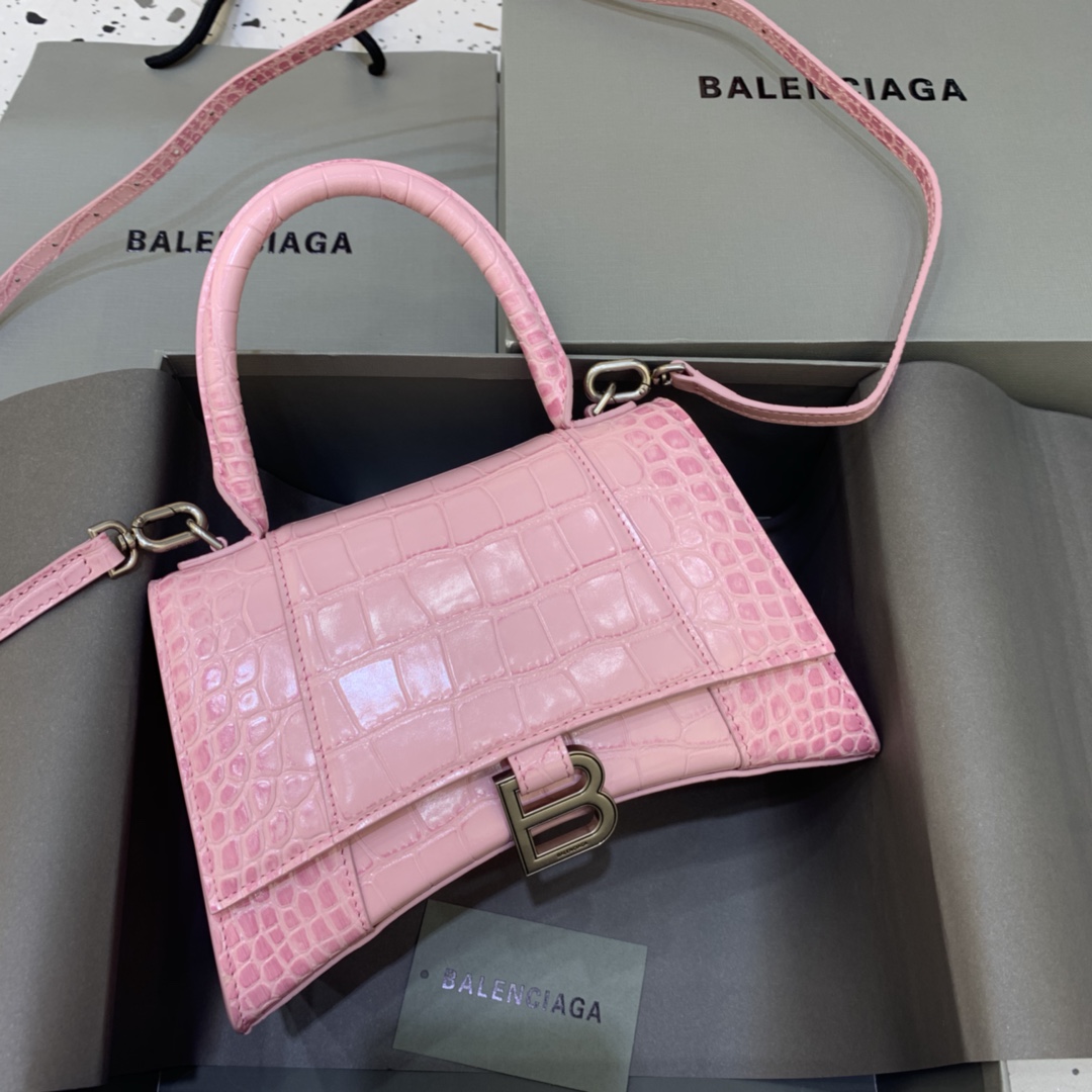 Balenciaga Hourglass Small Handbag Crocodile Embossed Shoulder Bag Pink